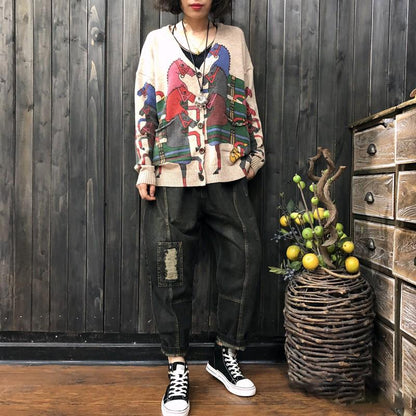 Buykud Cartoon Horse Printed V-neck Knitted Coat