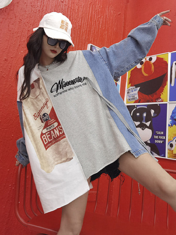 Stylish Contrast Color Letter Printed Round-Neck Batwing Sleeve Sweatshirts