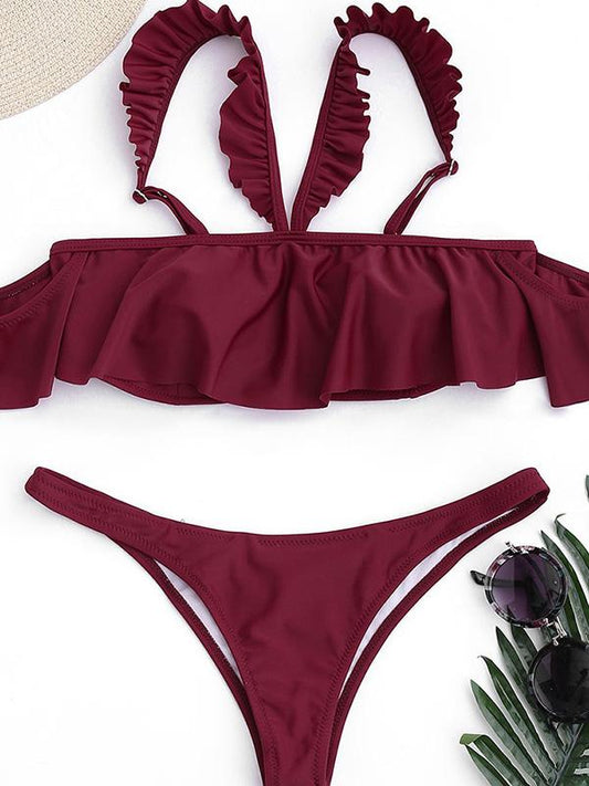 Plain Ruffled Top With Panty Bikini Swimsuit