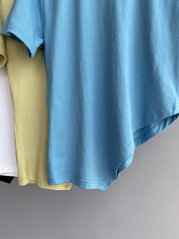 Casual Solid Color Asymmetric Round-Neck Short Sleeves T-Shirt