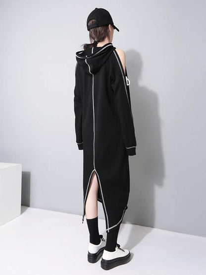 Cold shoulder Drawstring Split-back Sweatshirt Midi Dress
