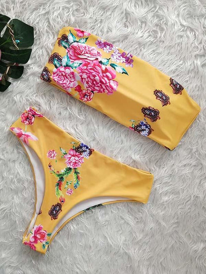 Strapless Solid Printed High Waist Bikinis Swimwear