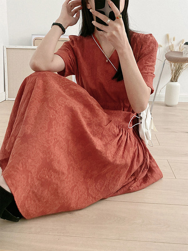 Urban Solid Color V-Neck Drawstring Short Sleeves Midi Dress