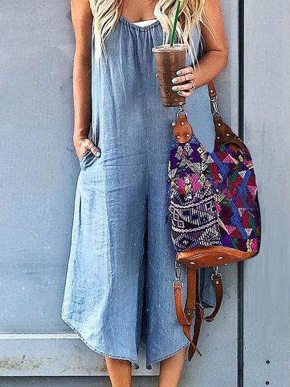 Solid Spaghetti-neck Wide Leg Jumpsuits
