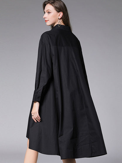 Simple Loose 4 Colors Buttoned Lapel Collar Raglan Sleeves High-Low Midi Dress
