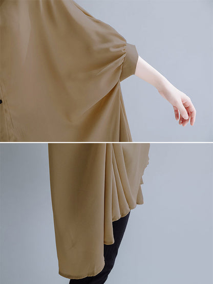 Casual Solid Color Irregular Pleated Buttoned Lapel Collar Batwing Half Sleeves Blouse