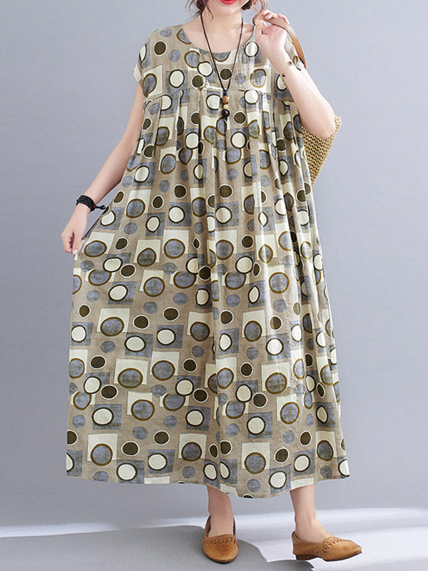 Artistic Retro Loose Polka-Dot Printed Pleated Round-Neck Short Sleeves Midi Dress