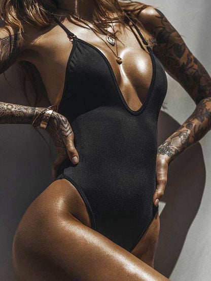 Solid Color Deep V-Neck Split Bikini Swimsuit