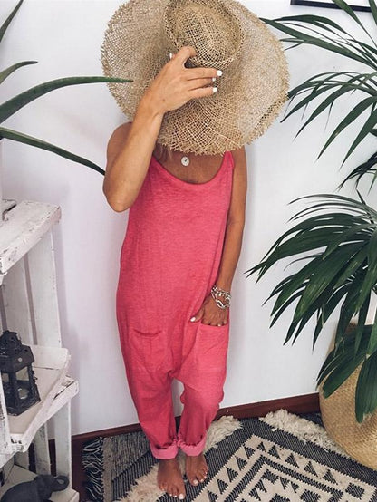 Solid Spaghetti-neck Jumpsuits