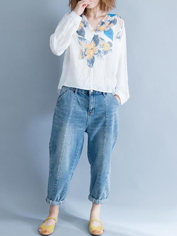 Loose Plus Size Flower Printed Blouse Tops