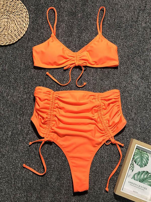 Solid Lace-Up Empire Bikini Swimsuit