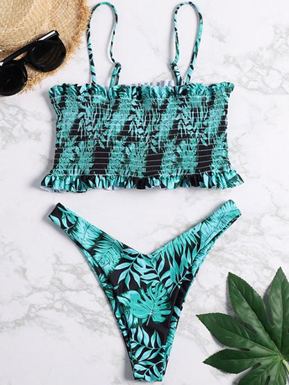 Smocked Printed Bikini Swimsuit