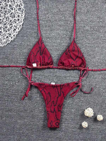 Snake-Print Triangle Bandage Split Bikini Swimsuit