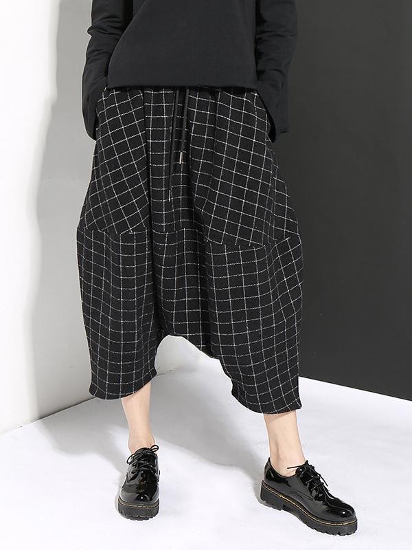 DROP-CROTCH WOOLEN PLAID CASUAL HAREM PANTS