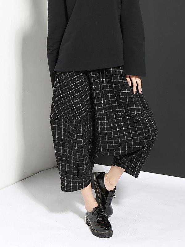 DROP-CROTCH WOOLEN PLAID CASUAL HAREM PANTS