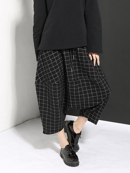 DROP-CROTCH WOOLEN PLAID CASUAL HAREM PANTS