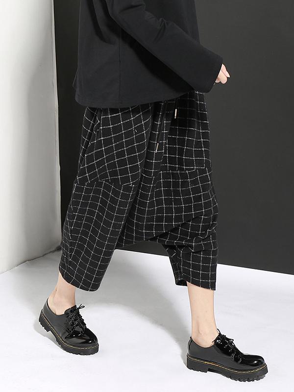 DROP-CROTCH WOOLEN PLAID CASUAL HAREM PANTS
