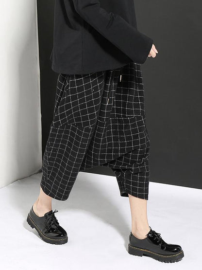 DROP-CROTCH WOOLEN PLAID CASUAL HAREM PANTS