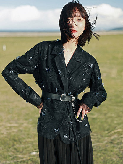 Stylish Mesh Butterfly Embroidered Notched Collar Long Sleeves Outwear