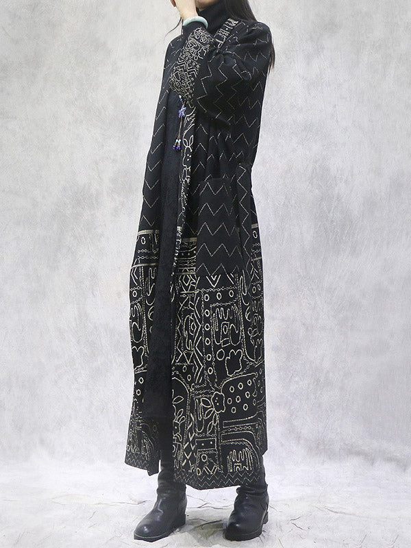 Artistic Retro Loose National Printed Tied Lapel Collar Raglan Sleeves Outwear