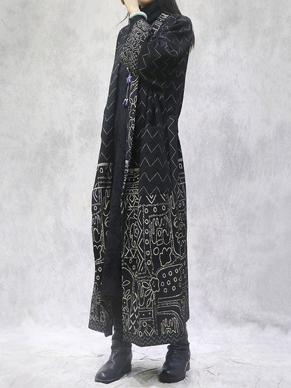 Artistic Retro Loose National Printed Tied Lapel Collar Raglan Sleeves Outwear