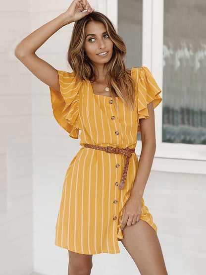 Square Collar Casual Stripped Mini Dress