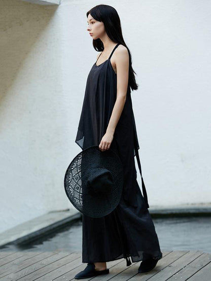 Simple Black Split-joint Split-side Long Dress