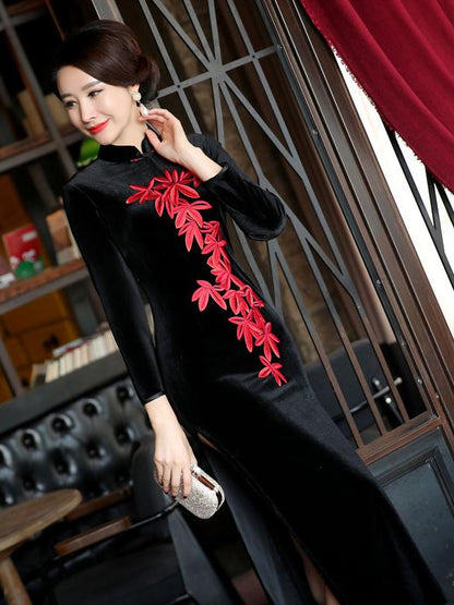 Velvet Black Embroidered Side Split Long Cheongsam