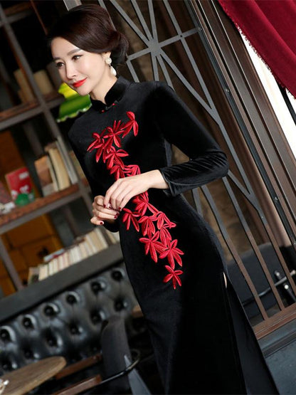 Velvet Black Embroidered Side Split Long Cheongsam