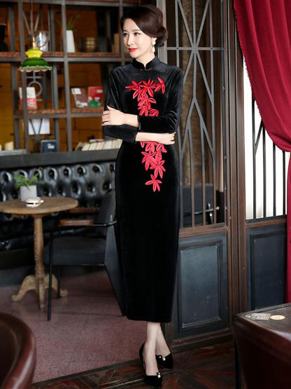 Velvet Black Embroidered Side Split Long Cheongsam