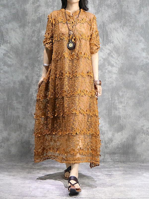 Loose Solid Hollow Flower Embroidered Maxi Dresses