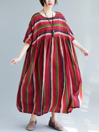 Loose Retro Striped Round-neck Long Dress