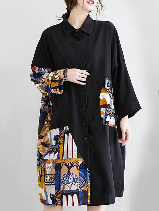 Original Cartoon Printed Round-Neck Shirt Dress