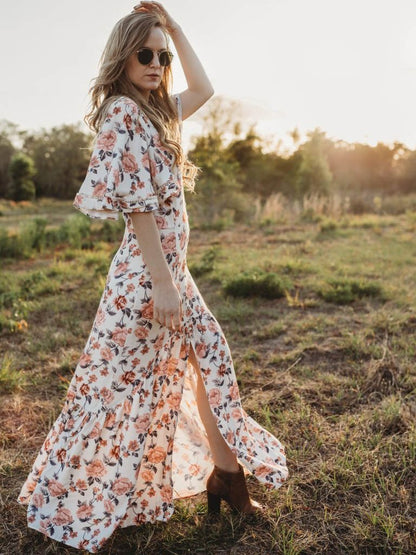 Floral Falbala Sleeves Maxi Dress