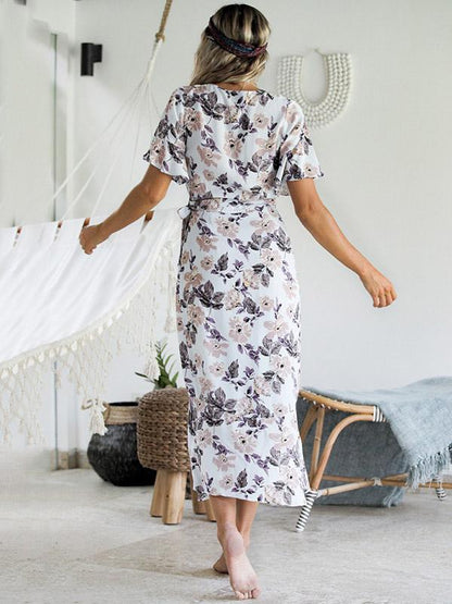 Asymmetric Printed Empire V-neck Midi Dress