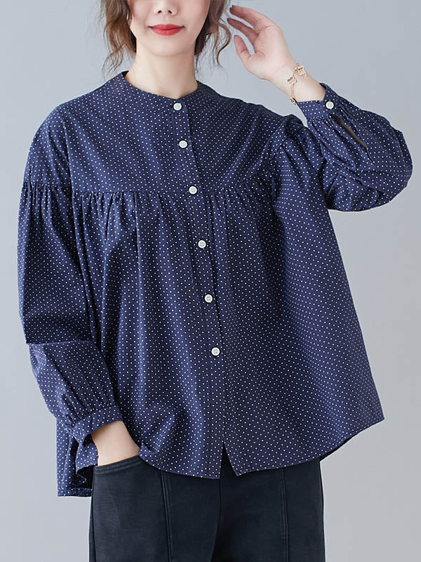 Casual Polka-Dot Buttoned Pleated Lapel Collar Long Sleeves Blouse