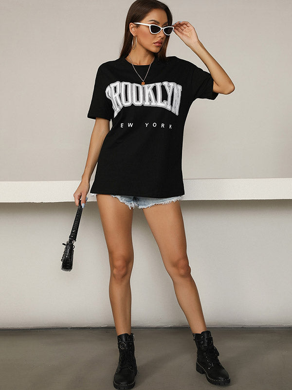 Stylish Black Letter Print Round-Neck Short Sleeves T-Shirts