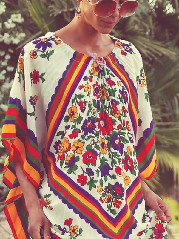 Floral Printed Round-neck Maxi Kaftan Dress