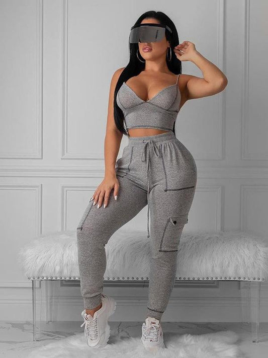 Solid Spaghetti-neck Tank&Pants Sports Suits