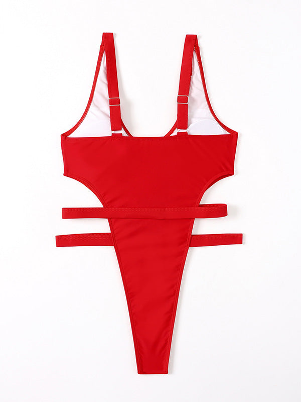 Red Hollow Belted One-Piece Swimsuit