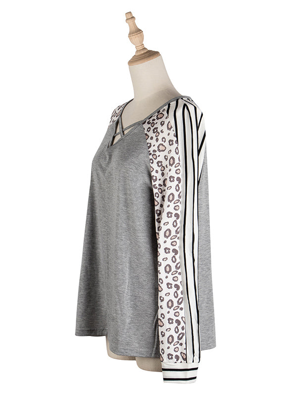 Stylish V-Neck Leopard Striped Split-Joint Raglan Sleeve T-Shirts