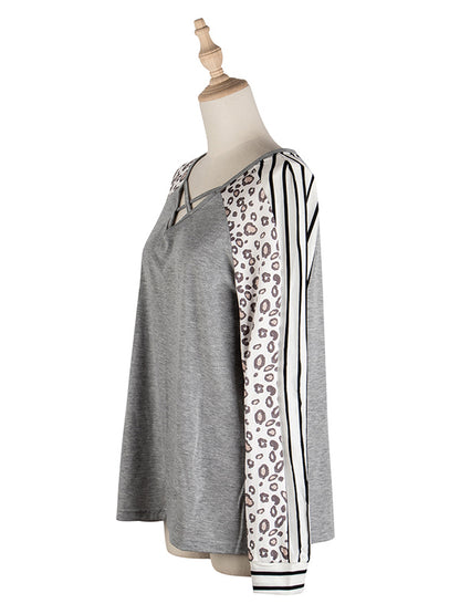 Stylish V-Neck Leopard Striped Split-Joint Raglan Sleeve T-Shirts