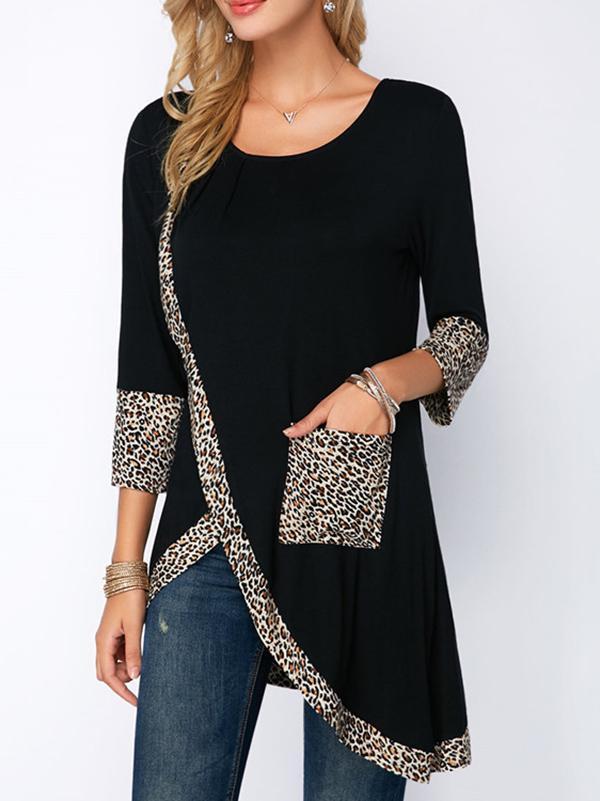Round-Neck Leopard Printed Three Points Sleeves Blouse