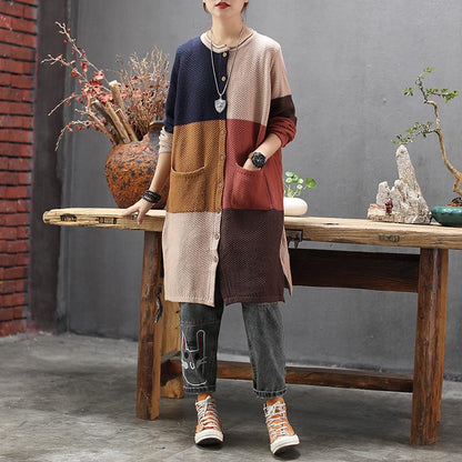 Buykud Retro Loose Colorblock Single-breasted Long Coat