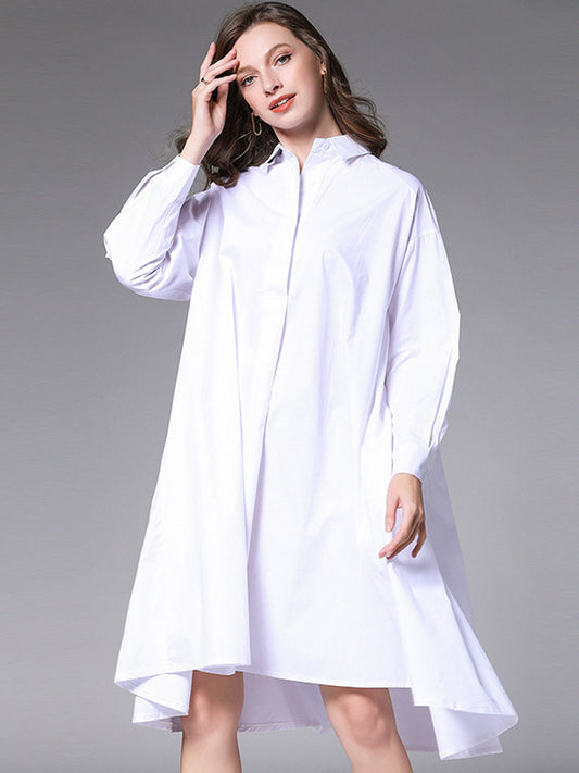 Simple Loose 4 Colors Buttoned Lapel Collar Raglan Sleeves High-Low Midi Dress