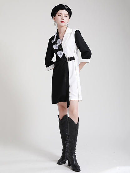 Original Stylish Split-Joint Contrast Color Bow-Embellished Tied A-Line Notched Collar Blazer Dress
