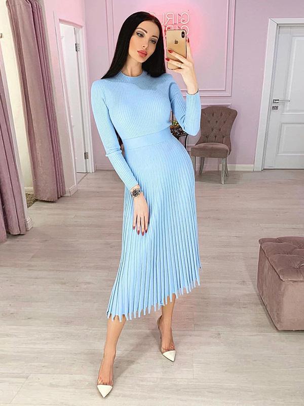 Solid Long-Sleeves Midi Dress