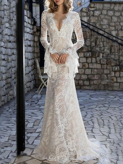 Lace Flared Sleeves V-back Evening Dress