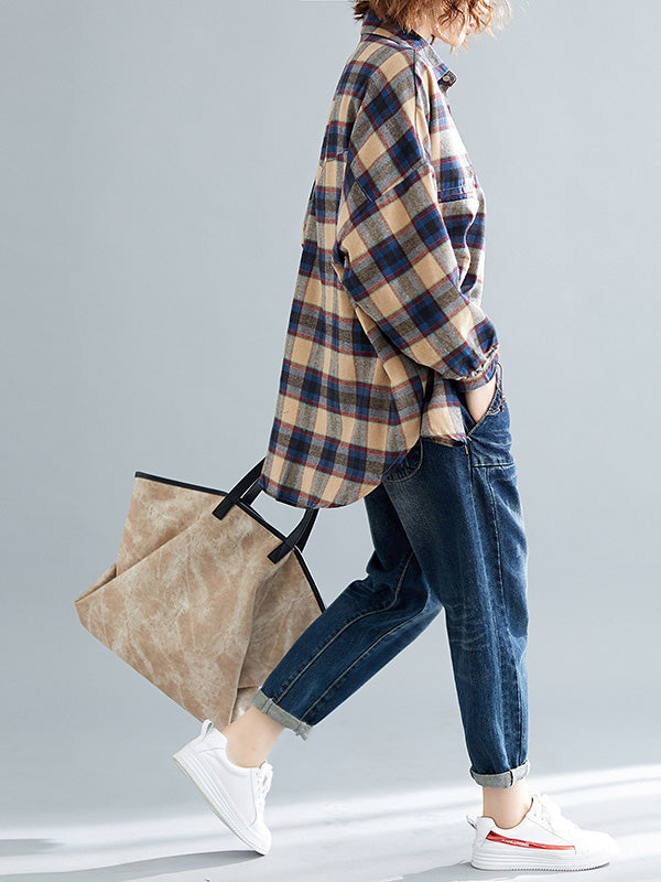 Artistic Retro Plaid Buttoned Lapel Collar Long Sleeves Blouse