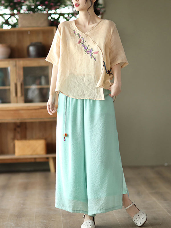 Vintage Artistic Retro Ramie Cotton Embroidered T-Shirt Top